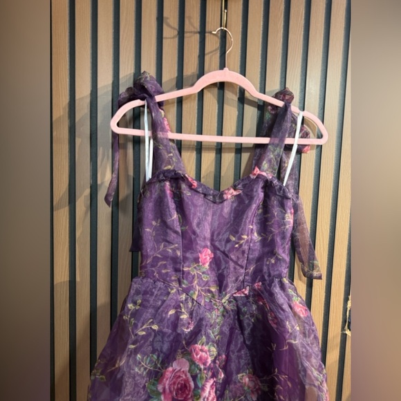 NWT Fairytale Cutie Purple Floral Tie-Strap Tiered Midi Dress Sz XS, S - Picture 3 of 16